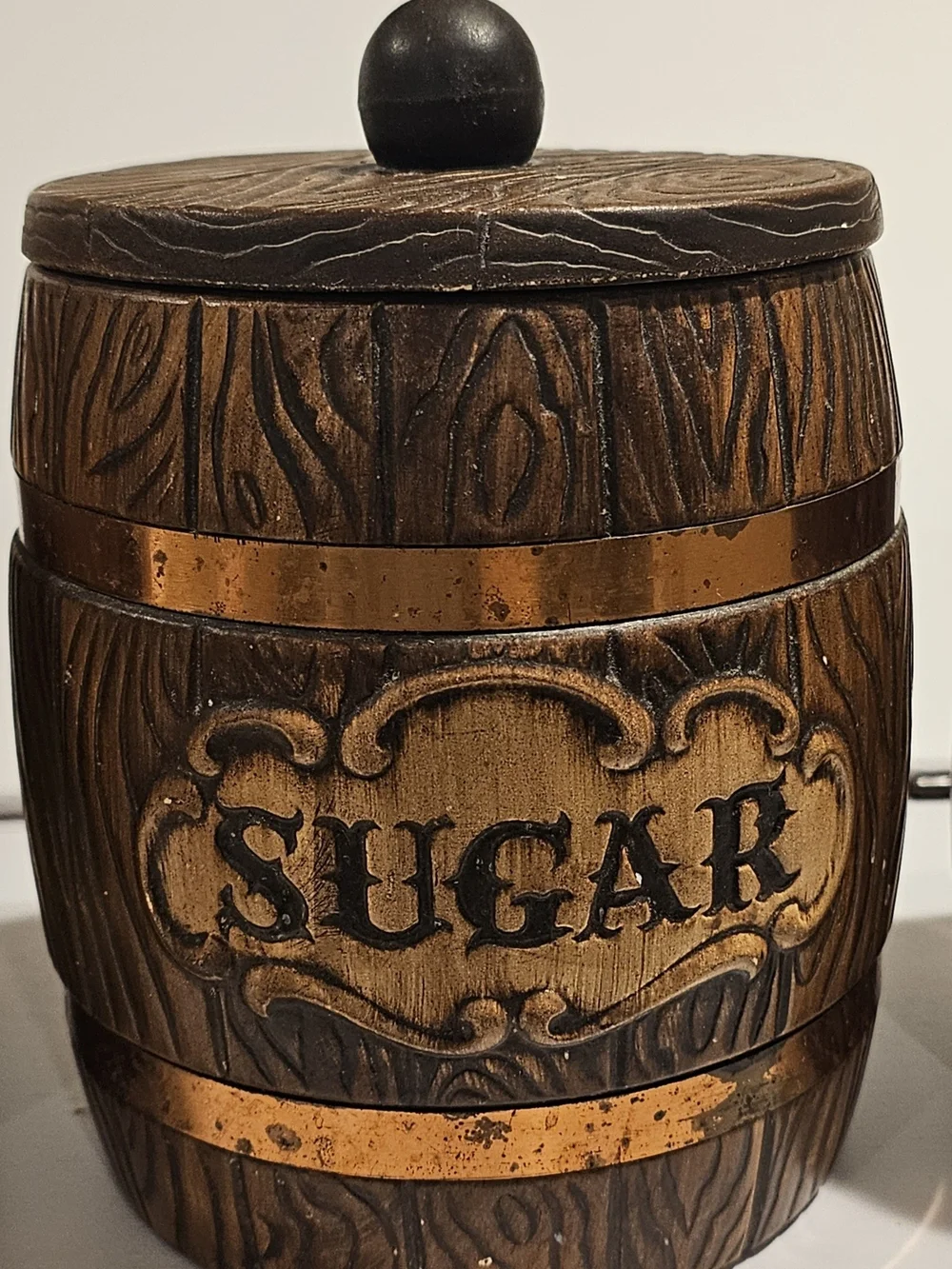 Vintage Treasure Craft Wood Grain Barrel Ceramic Canisters - Brown & Gold